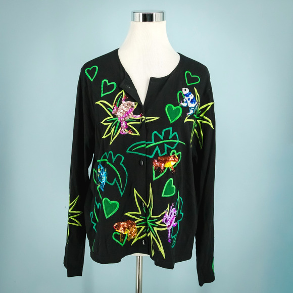 Michael Simon Event Size XL Black Frog Embroidered Sequin Button Cotton Cardigan - Picture 1 of 8